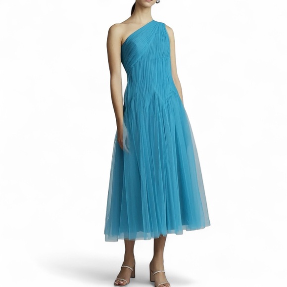 Zac Posen Turquoise One-Shoulder Tulle Midi-Dress MSRP $795.00 Sz 14 NWT - Picture 2 of 8